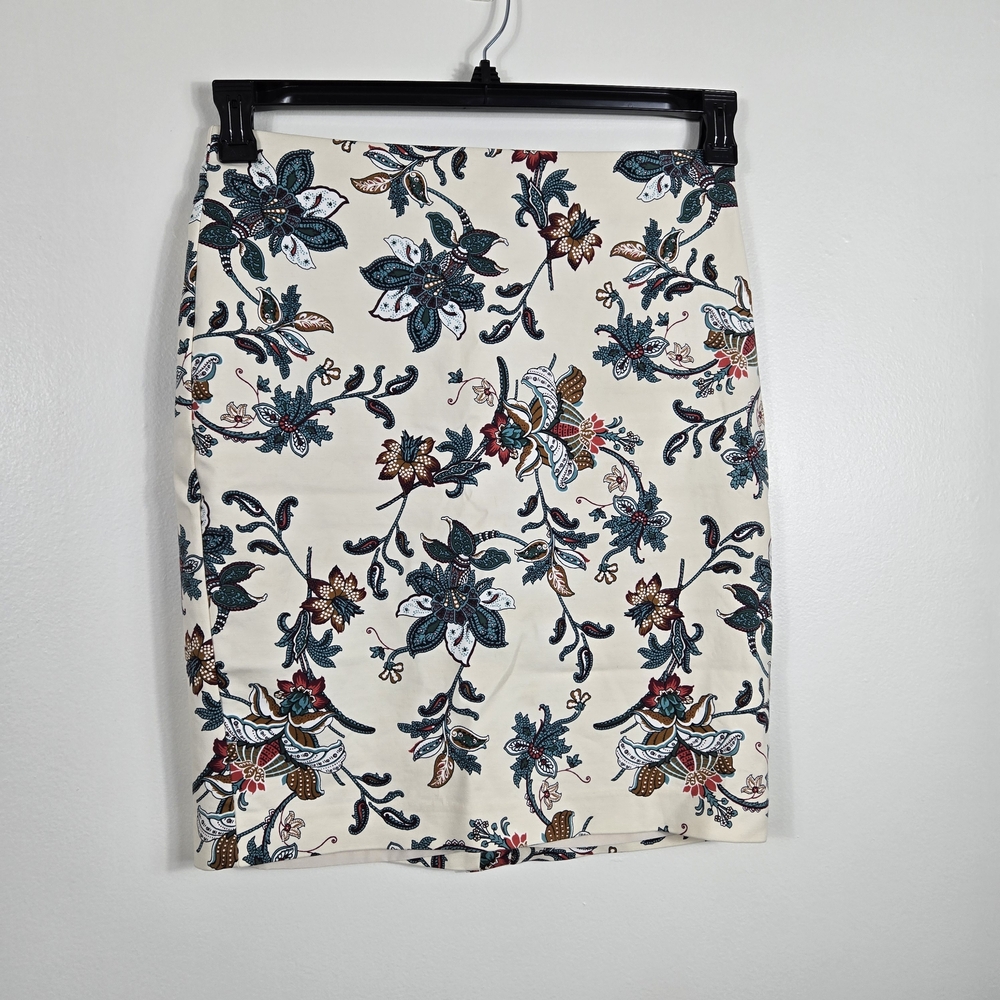 Ann Taylor Women Ivory Teal Floral Paisley Boho Career Lined Chic Pencil Skirt 8